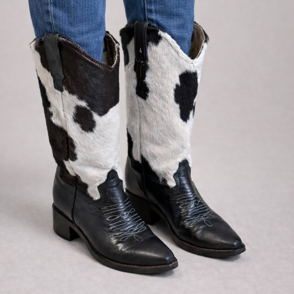 Zodiac Black and White Cowhide Heeled Boots